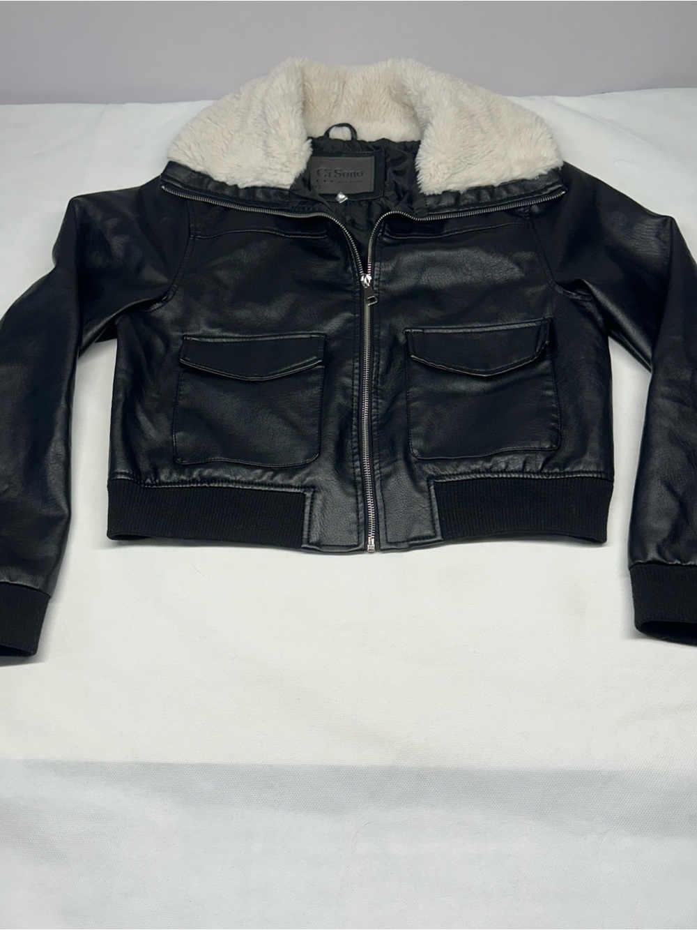 Ci Sono Black Faux Leather Bomber Jacket with Cream Sherpa Collar